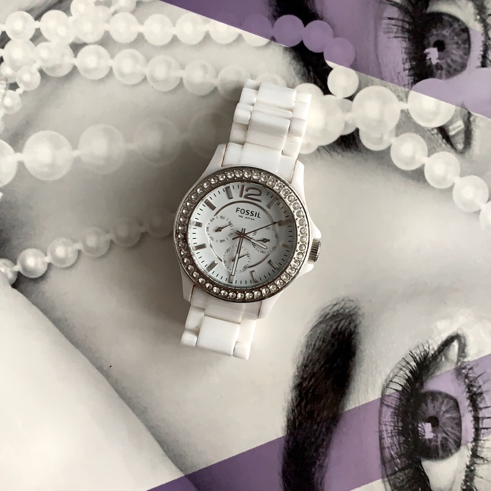 Fossil White Enamel CZ Watch Stainless Steel